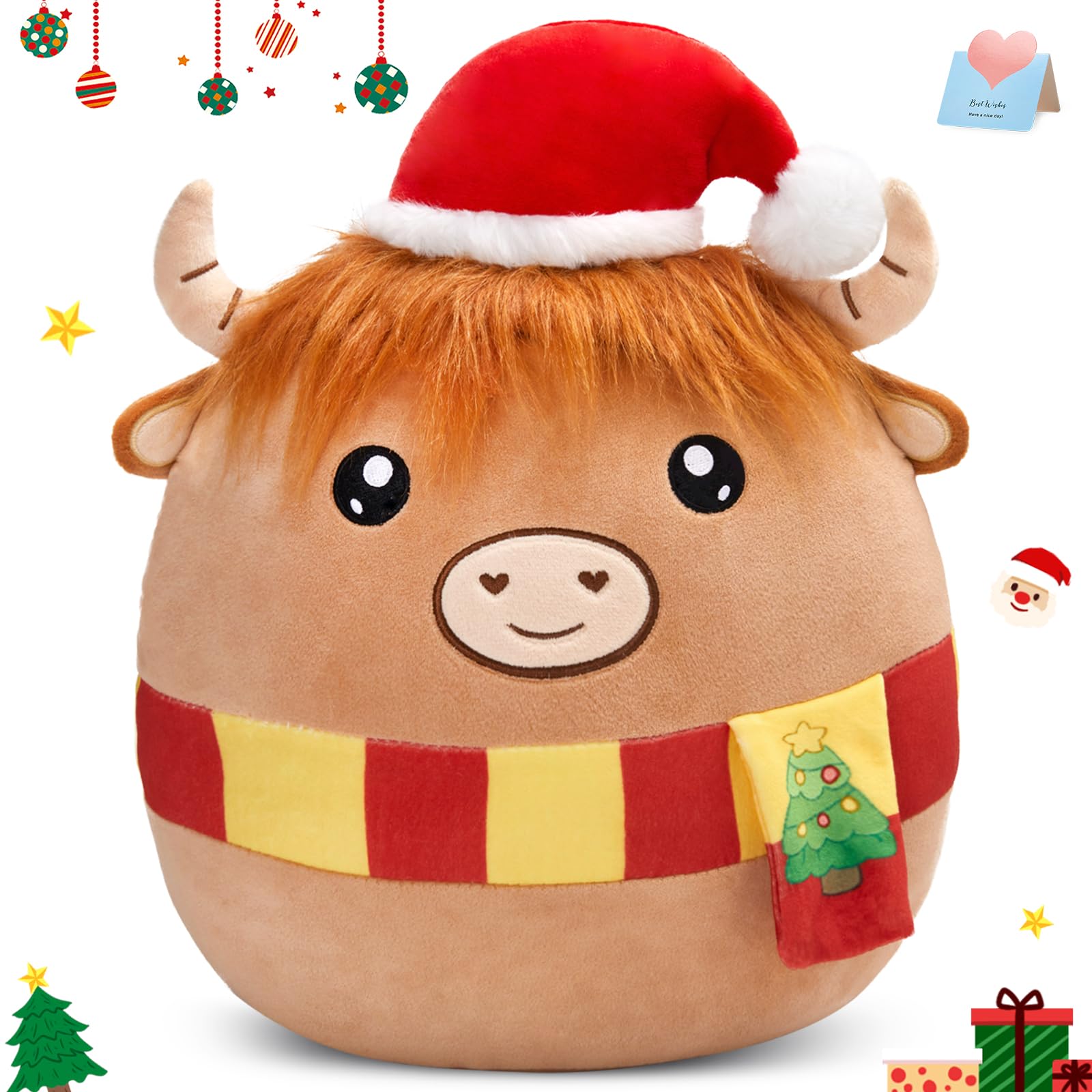 Wewill 12' Christmas Highland Cow Soft Plush Pillow Xmas Highland Cow Stuffed Animal Gifts For Toddler Kids Boys Girils
